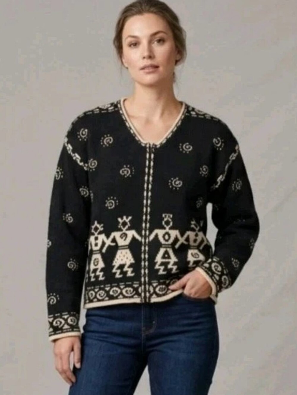Vintage Y2k Icelandic Design Zip Sweater Cardigan Cable Knit Abstract Kokopelli